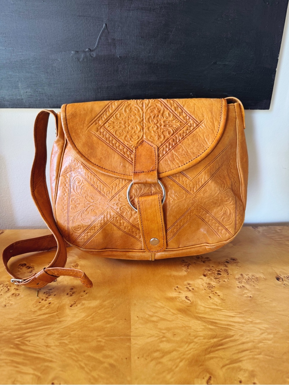 Vintage Tan Embossed Leather Bag - made in Morocco